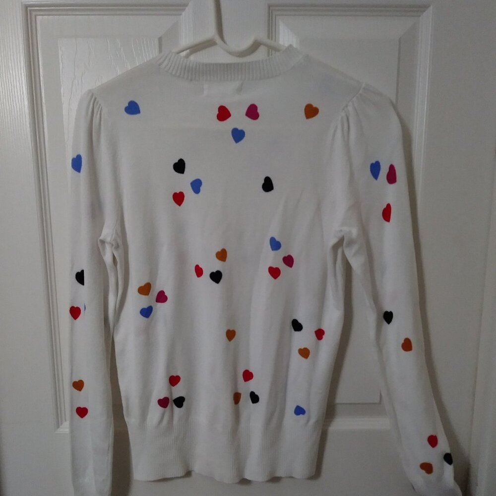 Marled Sweater White Multi Long Sleeve Multi Colored Heart Crew XS